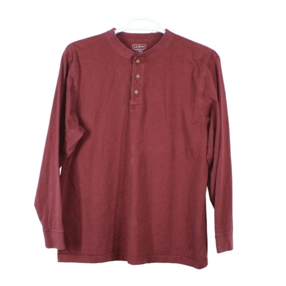 LL Bean Carefree Unshrinkable Tee Traditional Fit Long-Sleeve Henley Red L - Picture 1 of 9